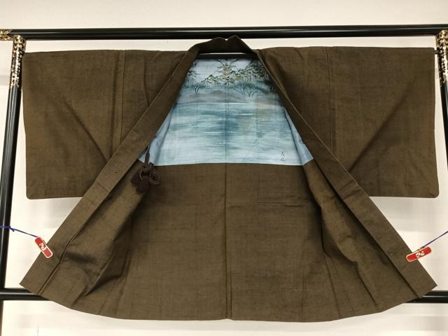 平和屋着物●男性　紬　アンサンブル　色無地　赤墨色　正絹　逸品　AABA8835zg
