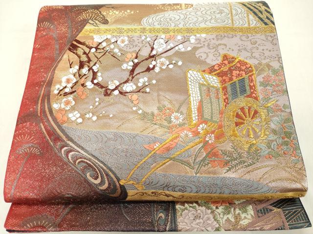 平和屋着物◎六通柄袋帯 唐織 御所車花鳥文 金糸 正絹 逸品 DAAX5181cd