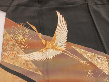 平和屋着物■豪華黒留袖 駒刺繍 飛鶴花文 金彩 正絹 逸品 BAAV0706mz