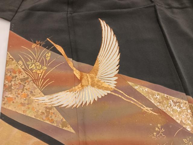 平和屋着物■豪華黒留袖 駒刺繍 飛鶴花文 金彩 正絹 逸品 BAAV0706mz