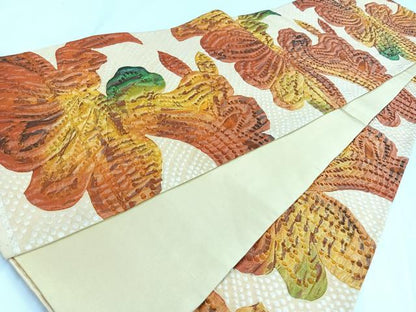 平和屋着物◎全通柄袋帯 ふくれ織 舞花文 正絹 逸品 AABB0776uw