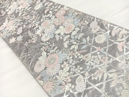 平和屋着物◎六通柄袋帯 草花文 銀糸 正絹 逸品 AABB0771uw