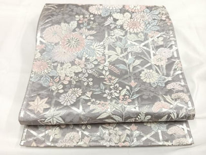 平和屋着物◎六通柄袋帯 草花文 銀糸 正絹 逸品 AABB0771uw