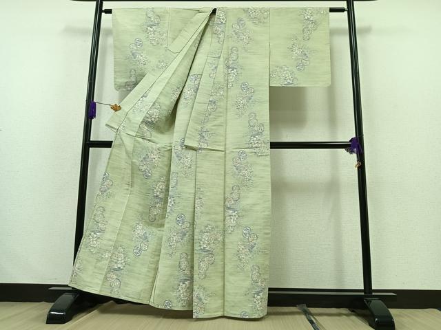 平和屋着物▽上質な紬 単衣 草花文 正絹 逸品 未使用 AABB2470jh