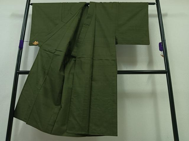 平和屋着物▽男性 真綿紬 単衣 老竹色 証紙付き 正絹 逸品 AABB2478jh