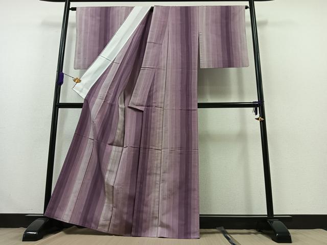平和屋着物▽上質な紬 単衣 縞 正絹 逸品 AABB2474jh