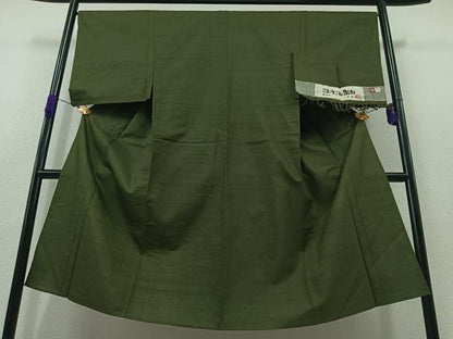 平和屋着物▽男性 真綿紬 単衣 老竹色 証紙付き 正絹 逸品 AABB2478jh