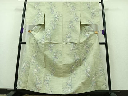 平和屋着物▽上質な紬 単衣 草花文 正絹 逸品 未使用 AABB2470jh
