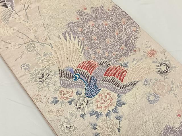 平和屋着物◎六通柄袋帯 唐織 孔雀花文 銀糸 正絹 逸品 CAAY1012qv