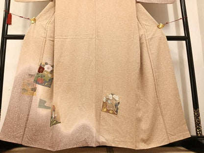 平和屋着物●訪問着 手描き 色紙枝花文 たたき染め 金銀彩 正絹 逸品 AABB2939ph