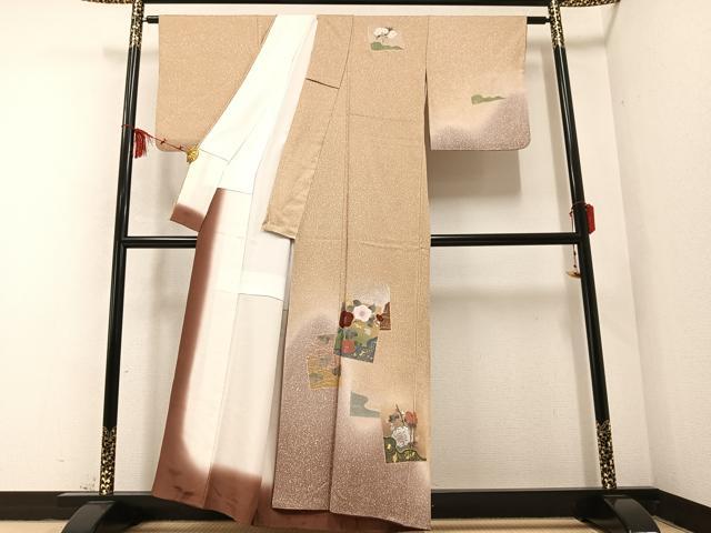 平和屋着物●訪問着 手描き 色紙枝花文 たたき染め 金銀彩 正絹 逸品 AABB2939ph