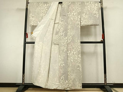 平和屋着物▽上質な小紋 単衣 草花文 正絹 逸品 AABA7780fy