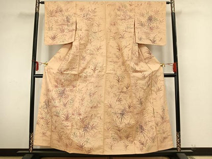 平和屋着物▽訪問着　単衣　紬地　手描き　草花文　正絹　逸品　AABA7796fy