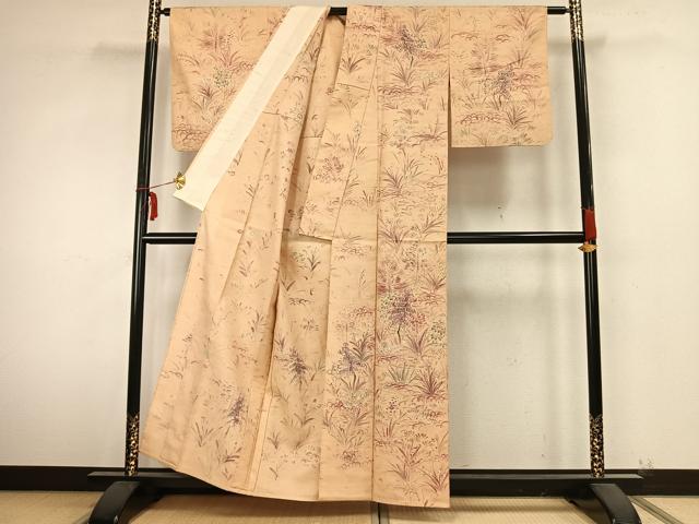 平和屋着物▽訪問着　単衣　紬地　手描き　草花文　正絹　逸品　AABA7796fy