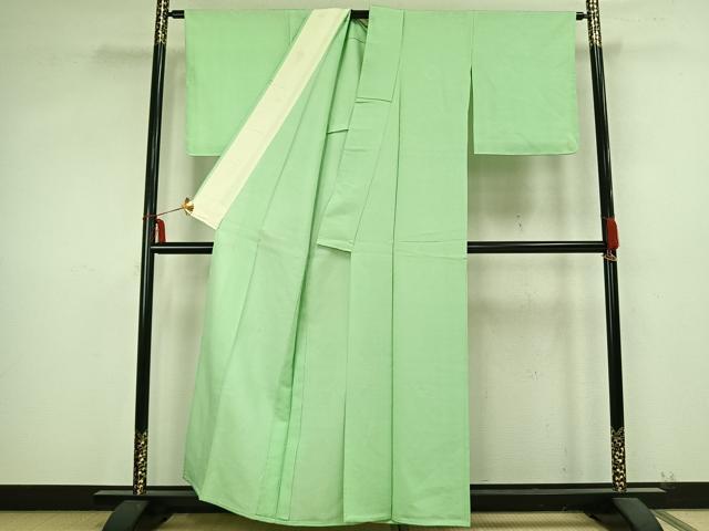 平和屋着物▽上質な色無地 単衣 吉祥花地紋 若緑色 正絹 逸品 AABB2084fy