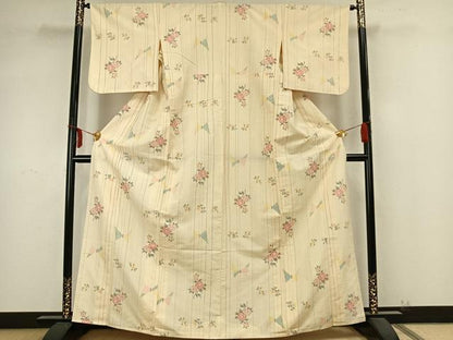 平和屋着物▽上質な紬　単衣　花蝶文　正絹　逸品　AABB2053fy