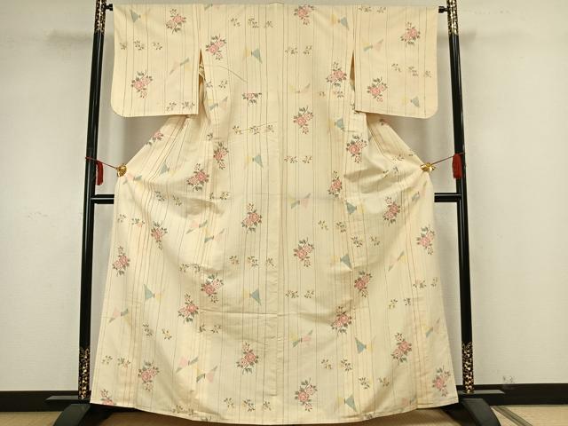 平和屋着物▽上質な紬　単衣　花蝶文　正絹　逸品　AABB2053fy