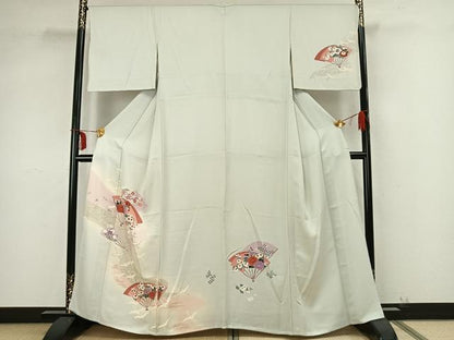 平和屋着物▽訪問着 単衣 扇面花鳥文 暈し染め 金彩 正絹 逸品 AABB2056fy