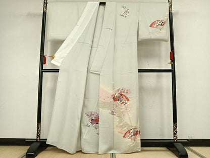 平和屋着物▽訪問着 単衣 扇面花鳥文 暈し染め 金彩 正絹 逸品 AABB2056fy