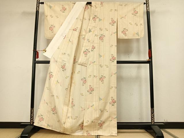 平和屋着物▽上質な紬　単衣　花蝶文　正絹　逸品　AABB2053fy