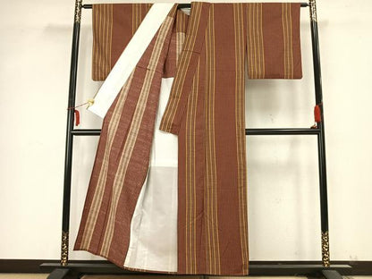 平和屋着物▽上質な紬 単衣 縞 正絹 逸品 AABB2046fy