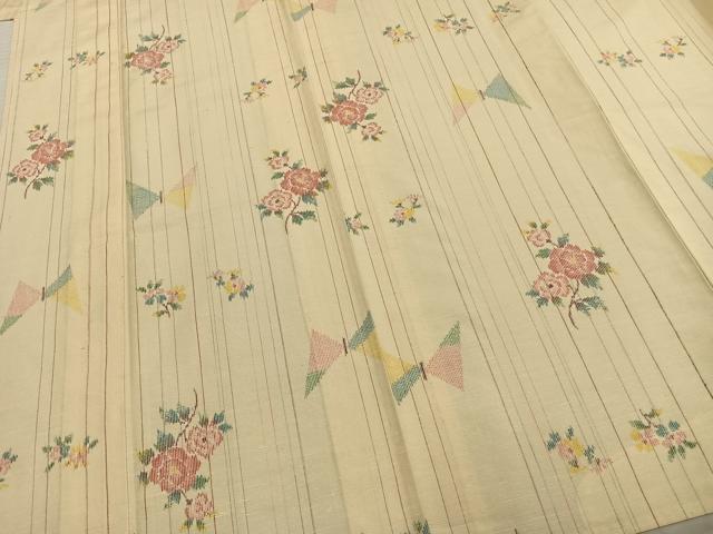 平和屋着物▽上質な紬　単衣　花蝶文　正絹　逸品　AABB2053fy