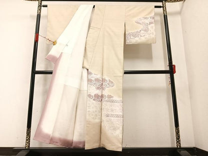 平和屋着物●訪問着 紬地 型染め 草花文 金彩 正絹 逸品 AABB2967ph