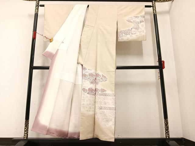 平和屋着物●訪問着 紬地 型染め 草花文 金彩 正絹 逸品 AABB2967ph