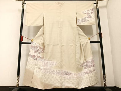 平和屋着物●訪問着 紬地 型染め 草花文 金彩 正絹 逸品 AABB2967ph