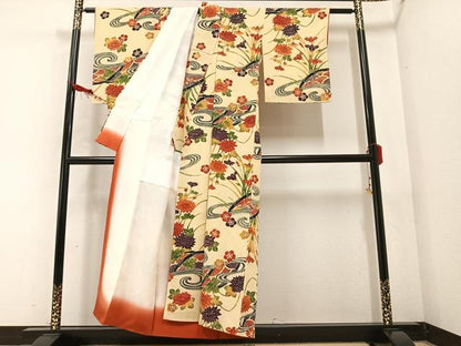 平和屋着物●上質な小紋　型染め　流水枝花文　鬼しぼ縮緬　正絹　逸品　AABB3631ph