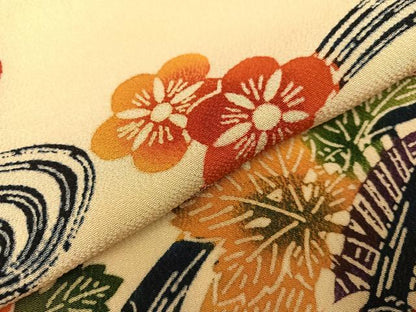 平和屋着物●上質な小紋　型染め　流水枝花文　鬼しぼ縮緬　正絹　逸品　AABB3631ph
