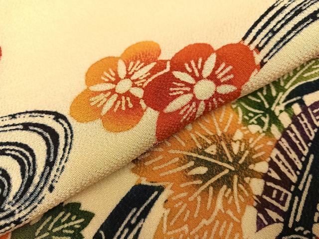 平和屋着物●上質な小紋　型染め　流水枝花文　鬼しぼ縮緬　正絹　逸品　AABB3631ph