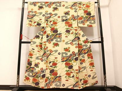 平和屋着物●上質な小紋　型染め　流水枝花文　鬼しぼ縮緬　正絹　逸品　AABB3631ph