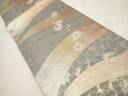 平和屋着物▼六通柄袋帯　霞花文　黒地　金糸　正絹　逸品　AABB1046wj