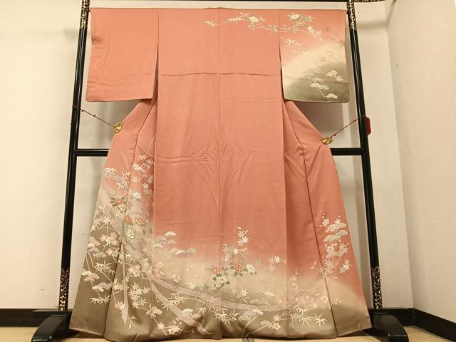 平和屋着物●訪問着　友禅　駒刺繍　松竹梅　暈し染め　金彩　正絹　逸品　AABB3653ph