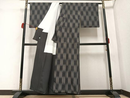 平和屋着物●お召 変わり間道 黒地 正絹 逸品 AABB3647ph