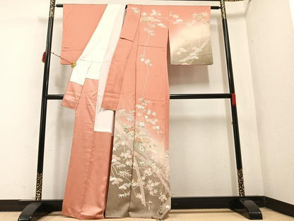 平和屋着物●訪問着　友禅　駒刺繍　松竹梅　暈し染め　金彩　正絹　逸品　AABB3653ph