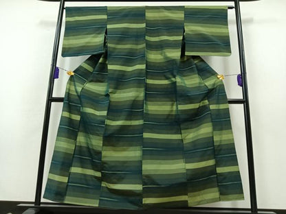 平和屋着物▽上質な紬 単衣 横段文 正絹 逸品 AABB3599jh