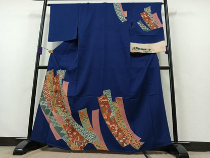 平和屋着物▽訪問着 単衣 刺繍 短冊吉祥花文 反端付き 正絹 逸品 AABB3583jh