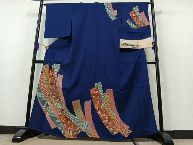 平和屋着物▽訪問着 単衣 刺繍 短冊吉祥花文 反端付き 正絹 逸品 AABB3583jh