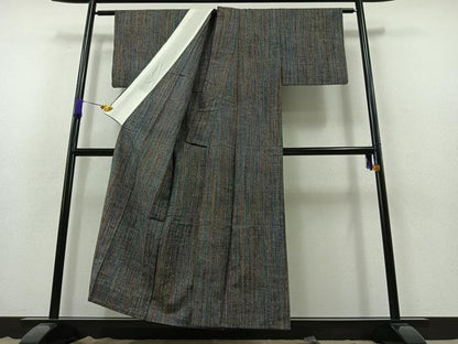 平和屋着物▽上質な紬 単衣 縞 正絹 逸品 AABB3920jh