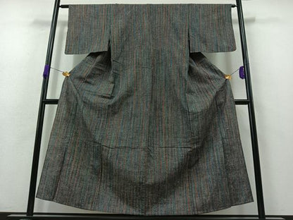 平和屋着物▽上質な紬 単衣 縞 正絹 逸品 AABB3920jh