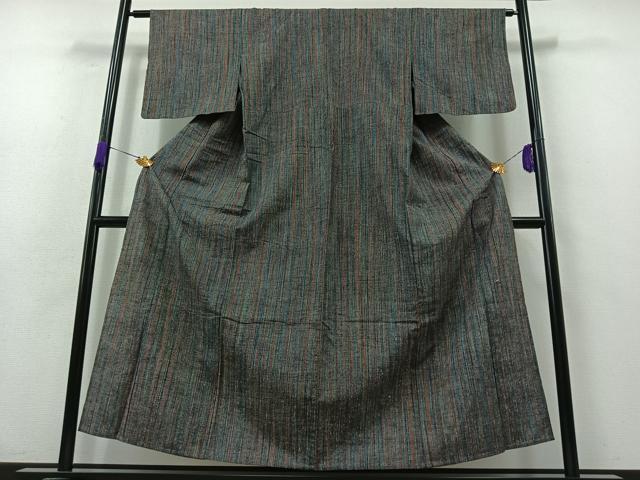 平和屋着物▽上質な紬 単衣 縞 正絹 逸品 AABB3920jh