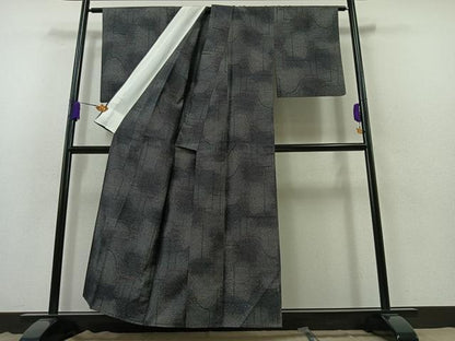 平和屋着物▽上質な紬　単衣　幾何学文　正絹　逸品　AABB3918jh