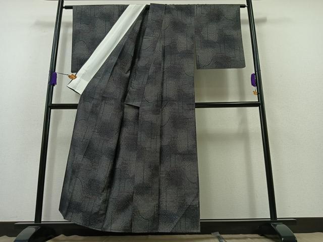 平和屋着物▽上質な紬　単衣　幾何学文　正絹　逸品　AABB3918jh