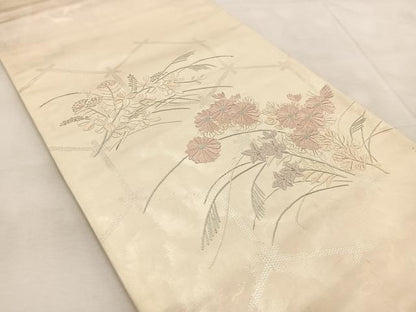 平和屋着物◎太鼓柄袋帯　総刺繍　秋草文　引箔　正絹　逸品　BAAU9252yc