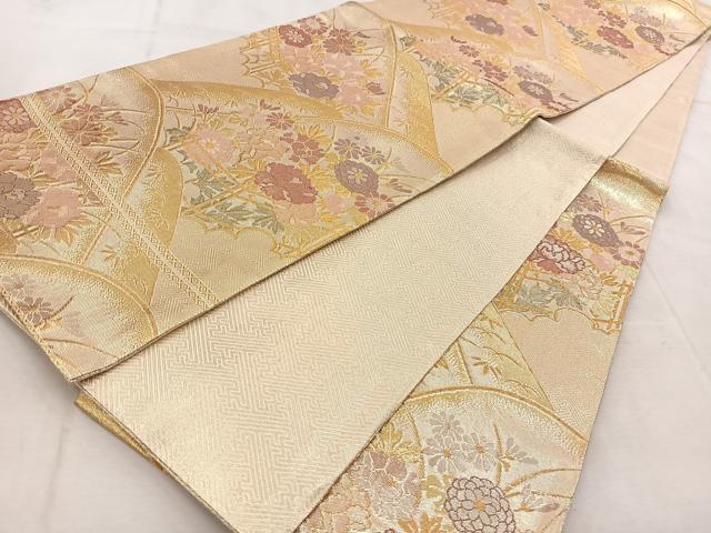 平和屋着物◎佐賀錦織　六通柄袋帯　重ね山風景花文　金糸　正絹　逸品　BAAU9280yc