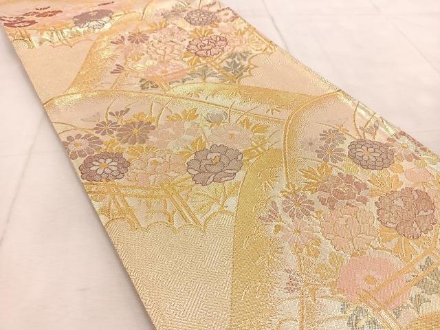 平和屋着物◎佐賀錦織　六通柄袋帯　重ね山風景花文　金糸　正絹　逸品　BAAU9280yc