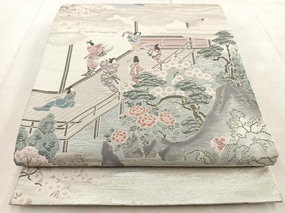 平和屋着物◎六通柄袋帯　春邸遊楽文　銀糸　正絹　逸品　BAAU9285yc