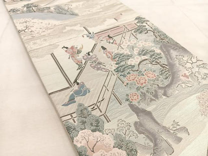 平和屋着物◎六通柄袋帯　春邸遊楽文　銀糸　正絹　逸品　BAAU9285yc